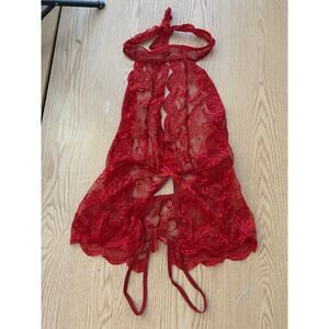 New Halter with Choker Collar Lingerie Crotchless Bottoms Dark Red Small/Medium